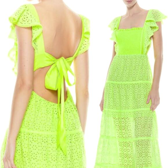 Alice+Olivia XS Jules Eyelet $595 Midi Nap Dress Cotton Bow Tie Lime Green 0 2 - Picture 1 of 10